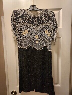 Oleg Cassini Black Midi Dress with White Beaded Fringe and Gold Floral Accents